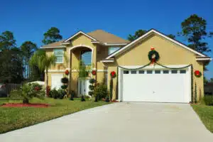 House & Garage Door decorated for Christmas