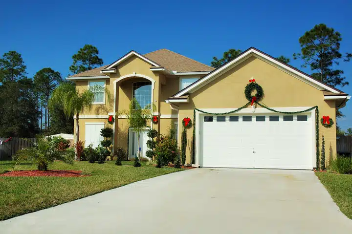 House & Garage Door decorated for Christmas